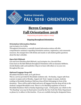 Beren Campus Fall Orientation 2018 Programming and Speakers Subject to Change
