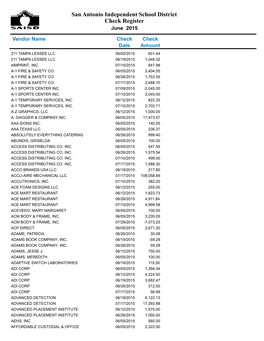 San Antonio Independent School District Check Register June 2015