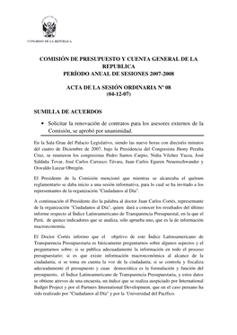 Comisión De Presupuesto Y Cuenta General De La Republica Período Anual De Sesiones 2007-2008