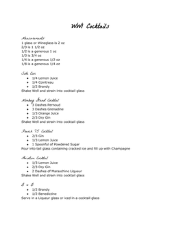 WW1 Cocktails Measurements: 1 Glass Or Wineglass Is 2 Oz 2/3 Is 1 1/2 Oz 1/2 Is a Generous 1 Oz 1/3 Is 3/4 Oz 1/4 Is a Generous 1/2 Oz 1/8 Is a Generous 1/4 Oz