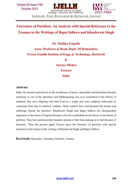 Literature of Partition: an Analysis with Special Reference to the Trauma in the Writings of Bapsi Sidhwa and Khushwant Singh