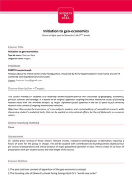 Initiation to Geo-Economics Cours En Ligne Pour Le Semestre 1 De 3Ème Année