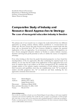 Comparative Study of Industry and Resource-Based Approaches to Strategy: the Case of Managerial Education Industry in Sweden