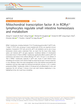 Mitochondrial Transcription Factor a in Rorî³t+ Lymphocytes Regulate Small