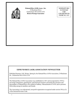 Edmund Rice (1638) Association Newsletter