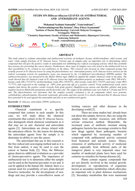 STUDY on Hibiscus Tiliaceus LEAVES AS ANTIBACTERIAL and ANTIOXIDANT AGENTS