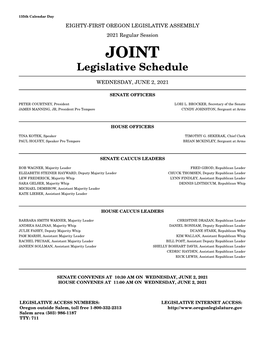 JOINT Legislative Schedule