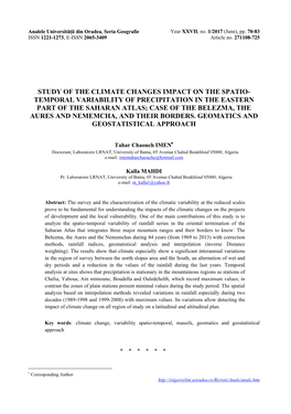 Study of the Climate Changes Impact on the Spatio- Temporal Variability of Precipitation in the Eastern Part of the Saharan Atla