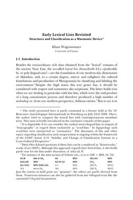 Early Lexical Lists Revisited Structures and Classiﬁcation As a Mnemonic Device*