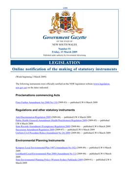 Government Gazette of the STATE of NEW SOUTH WALES Number 51 Friday, 13 March 2009 Published Under Authority by Government Advertising
