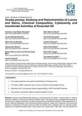 Ocotea Porosa: Anatomy and Histochemistry of Leaves and Stems, Chemical Composition, Cytotoxicity and Insecticidal Activities of Essential Oil