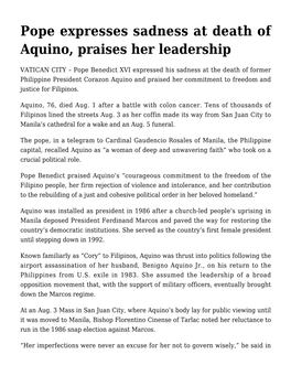 Pope Expresses Sadness at Death of Aquino, Praises Her Leadership