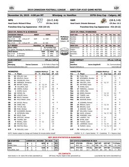 2019 Canadian Football League · Grey Cup #107 Game Notes