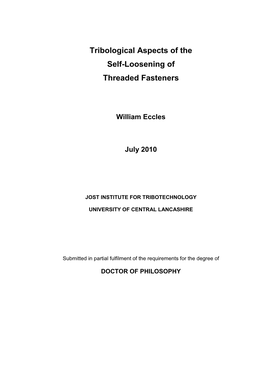 Tribological Aspects of the Self-Loosening of Threaded Fasteners