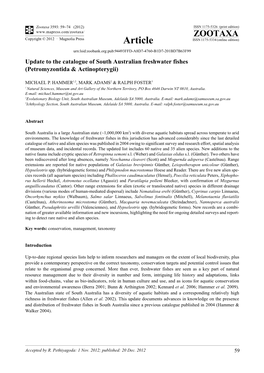 Update to the Catalogue of South Australian Freshwater Fishes (Petromyzontida & Actinopterygii)