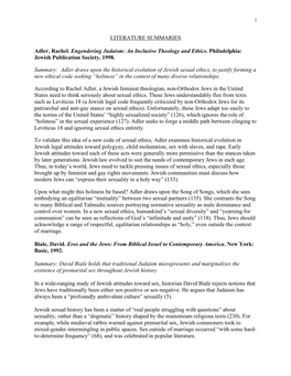LITERATURE SUMMARIES Adler, Rachel. Engendering Judaism: an Inclusive Theology and Ethics. Philadelphia: Jewish Publication Soci