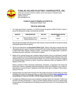 Tablas Island Electric Cooperative, INC. PRE-QUALIFICATIONS, BIDS and AWARDS COMMITTEE Dapawan, Odiongan, Romblon Telephone No