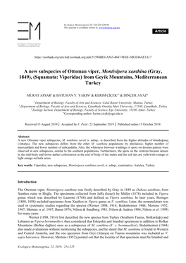 A New Subspecies of Ottoman Viper, Montivipera Xanthina (Gray, 1849), (Squamata: Viperidae) from Geyik Mountains, Mediterranean Turkey