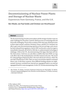 Decommissioning of Nuclear Power Plants and Storage of Nuclear Waste Experiences from Germany, France, and the U.K