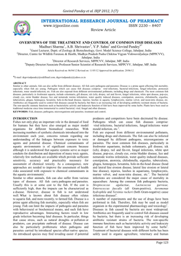 OVERVIEWS of the TREATMENT and CONTROL of COMMON FISH DISEASES Madhuri Sharma1, A.B