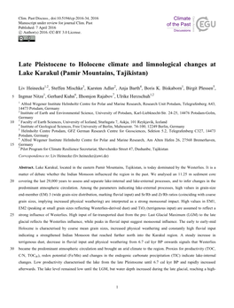 Late Pleistocene to Holocene Climate and Limnological Changes at Lake Karakul (Pamir Mountains, Tajikistan)