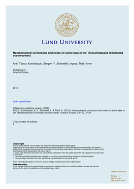 Nomenclatural Corrections and Notes on Some Taxa in the Teloschistaceae (Lichenized Ascomycetes) Ahti, Teuvo; Kondratyuk, Sergey