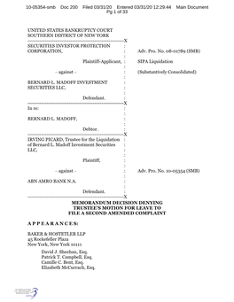 UNITED STATES BANKRUPTCY COURT SOUTHERN DISTRICT of NEW YORK ------X SECURITIES INVESTOR PROTECTION : CORPORATION, : Adv