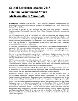 Sakshi Excellence Awards-2015 Lifetime Achievement Award Mr.Kasinathuni Viswanath