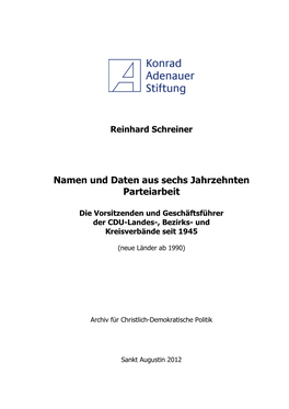 Die Vorsitzenden Und Geschäftsführer Der CDU-Landes-, Bezirks- Und Kreisverbände Seit 1945