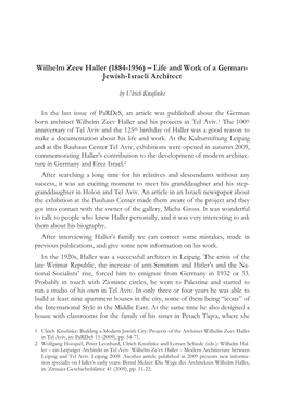 Wilhelm Zeev Haller (1884-1956) – Life and Work of a German- Jewish-Israeli Architect