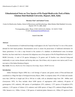 Ethnobotanical Notes on Tree Species of Pir Panjal Biodiversity Park of Baba Ghulam Shah Badshah University, Rajouri, J&K, India