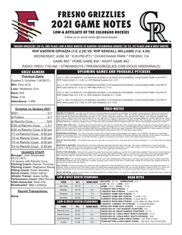 2021 GAME Notes LOW-A AFFILIATE of the COLORADO ROCKIES Follow Us on Social Media @Fresnogrizzlies