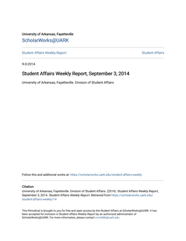 Student Affairs Weekly Report, September 3, 2014