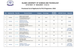 ISLAMIC UNIVERISTY of SCIENCE and TECHNOLOGY DEPARTMENT of MANAGEMENT STUDIES Provisional List of Applicants for Ph.D Programme