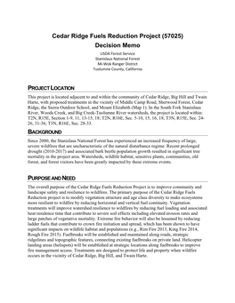 Cedar Ridge Fuels Reduction Project (57025) Decision Memo USDA Forest Service Stanislaus National Forest Mi‐Wok Ranger District Tuolumne County, California