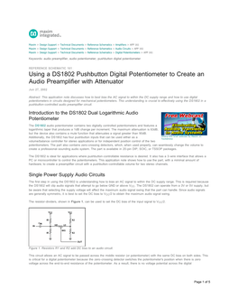 Using a DS1802 Pushbutton Digital Potentiometer to Create an Audio Preamplifier with Attenuator