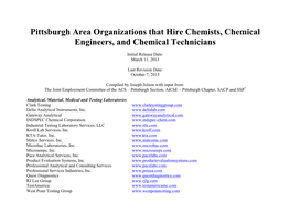 Pittsburgh Area Organizations That Hire Chemists, Chemical Engineers, and Chemical Technicians