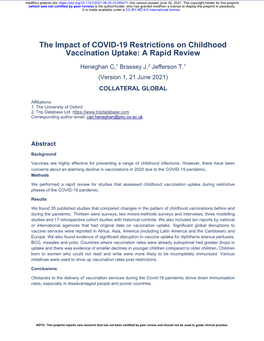 The Impact of COVID-19 Restrictions on Childhood Vaccination Uptake: a Rapid Review