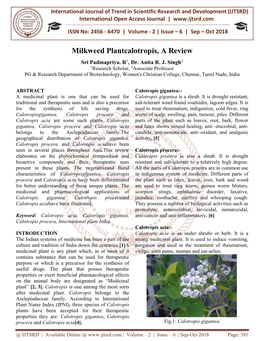 Milkweed Plantcalotropis, a Review