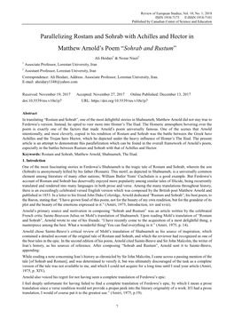 Parallelizing Rostam and Sohrab with Achilles and Hector in Matthew Arnold’S Poem “Sohrab and Rustum”