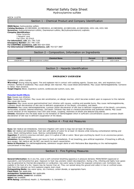 Material Safety Data Sheet Hydroxylamine Sulfate ACC# 11270 Section 1 - Chemical Product and Company Identification