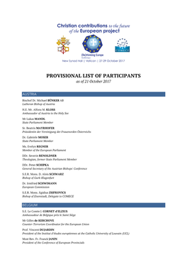 PROVISIONAL LIST of PARTICIPANTS As of 21 October 2017