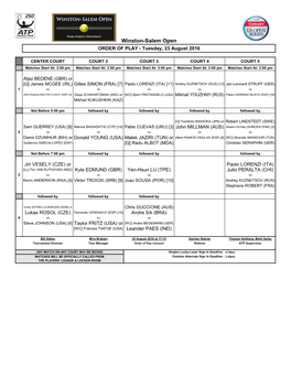 Winston-Salem Open ORDER of PLAY - Tuesday, 23 August 2016