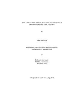 Black Sinatras, White Panthers: Race, Genre and Performance in Detroit Black Pop and Rock, 1960-1970