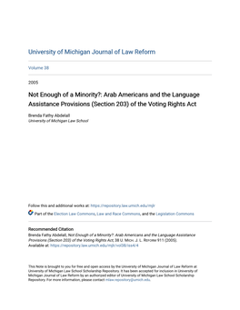 Not Enough of a Minority?: Arab Americans and the Language Assistance Provisions (Section 203) of the Voting Rights Act