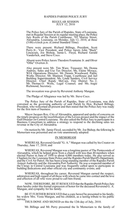 Minutes of the Rapides Parish Police Jury Held in Regular Session on June 14, 2010, As Published in the Official Journal