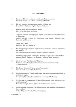 LIST of PAPERS 1. Decent Work for the Contingent Workforce in the New