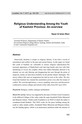 Religious Understanding Among the Youth of Kashmir Province- an Overview