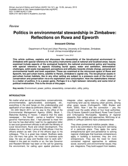 Politics in Environmental Stewardship in Zimbabwe: Reflections on Ruwa and Epworth