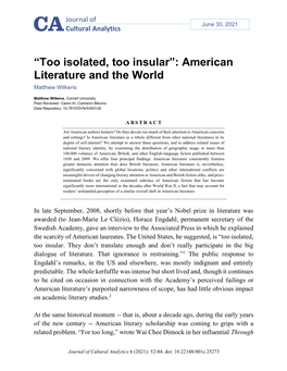 “Too Isolated, Too Insular”: American Literature and the World Matthew Wilkens